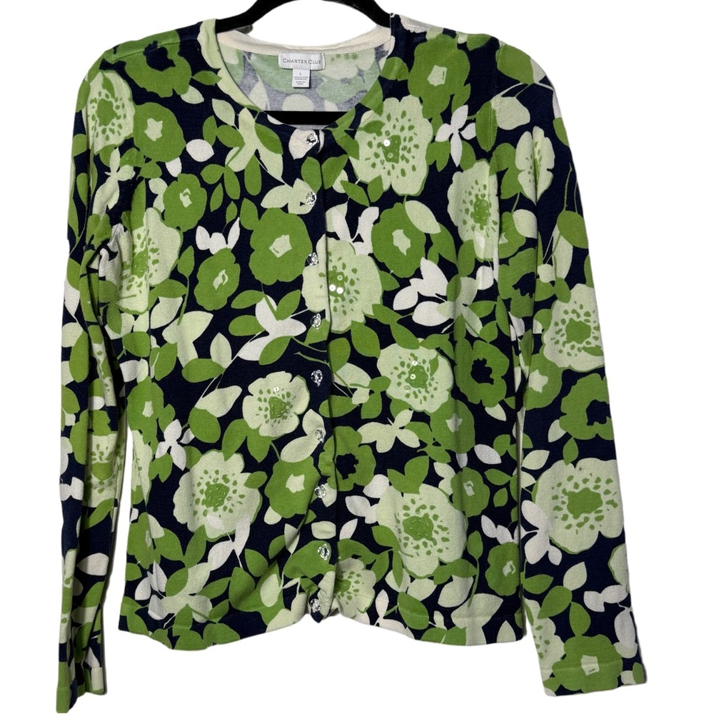 Charter Club Green and White Floral Cardigan Sz Large